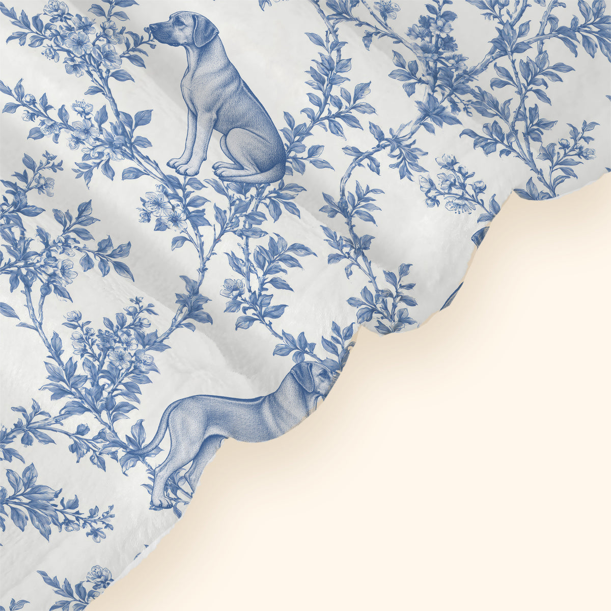 Rhodesian Ridgeback toile de Jouy blanket - Blue Blanket Hem Closeup