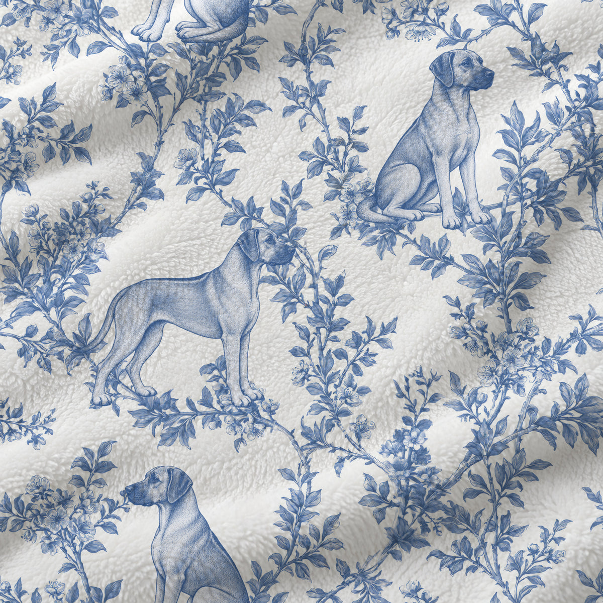 Rhodesian Ridgeback toile de Jouy blanket - Blue Blanket Fabric Closeup