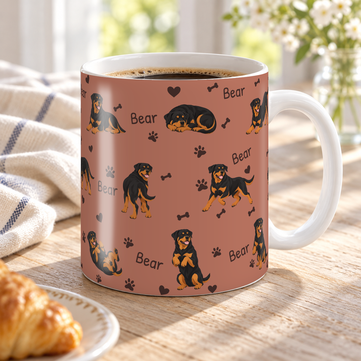 Rottweiler personalized name mug — Muted Terracotta Lifestyle