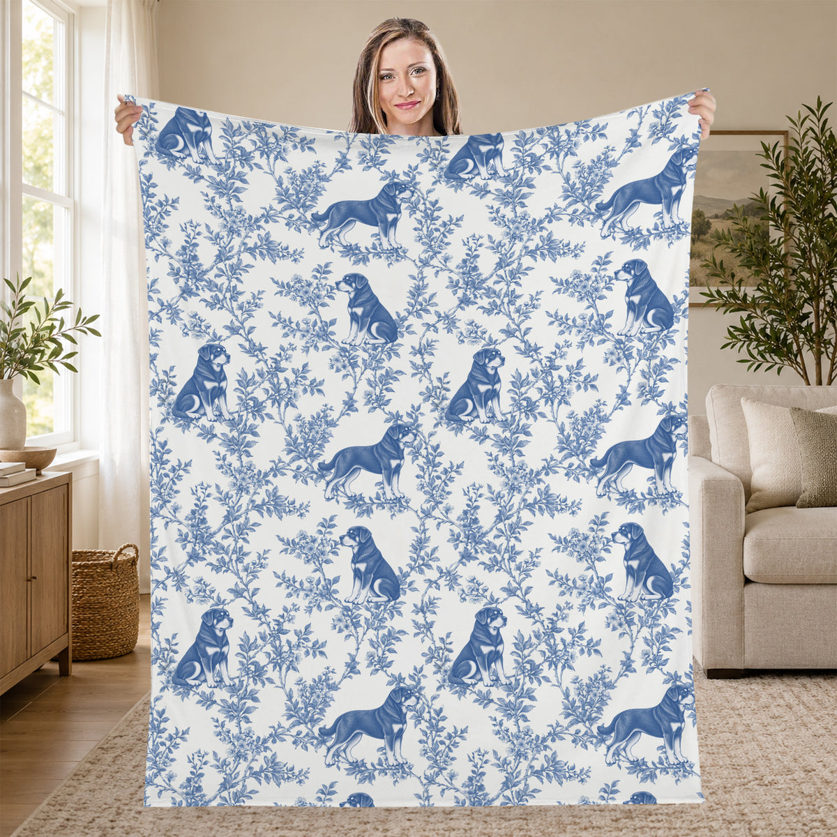Rottweiler toile de Jouy blanket - Blue Blanket Held Living Room