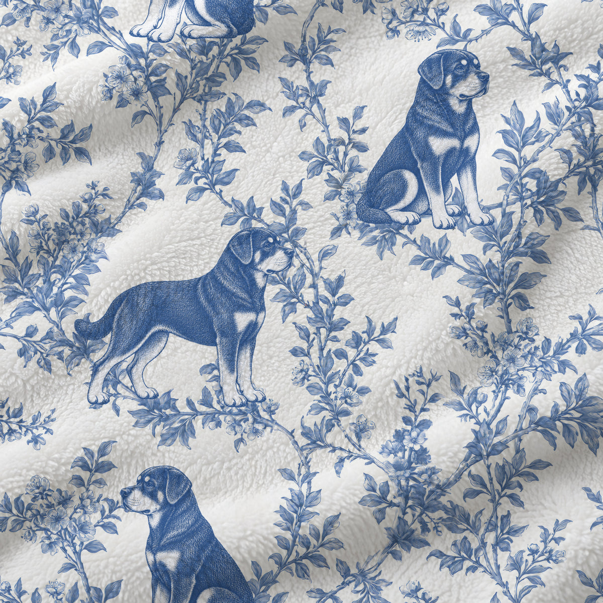 Rottweiler toile de Jouy blanket - Blue Blanket Fabric Closeup