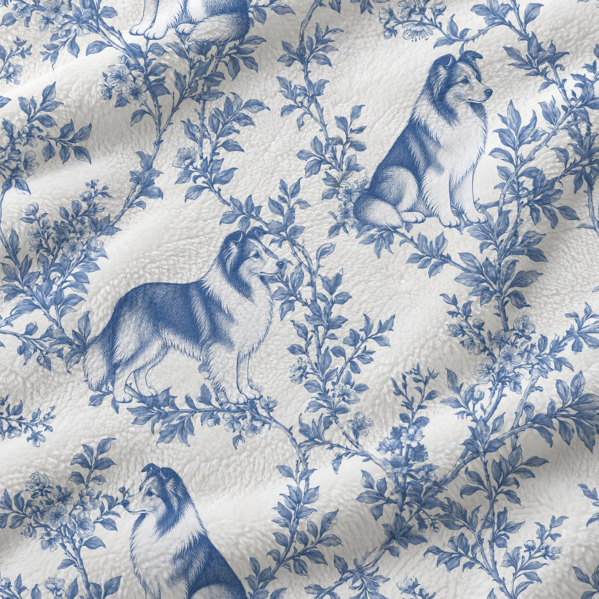 Shetland Sheepdog toile de Jouy blanket - Blue Blanket Fabric Closeup