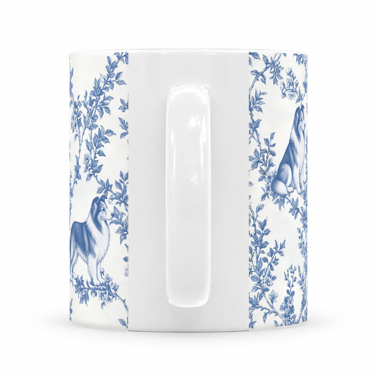 Shetland Sheepdog toile mug — Blue Handle View