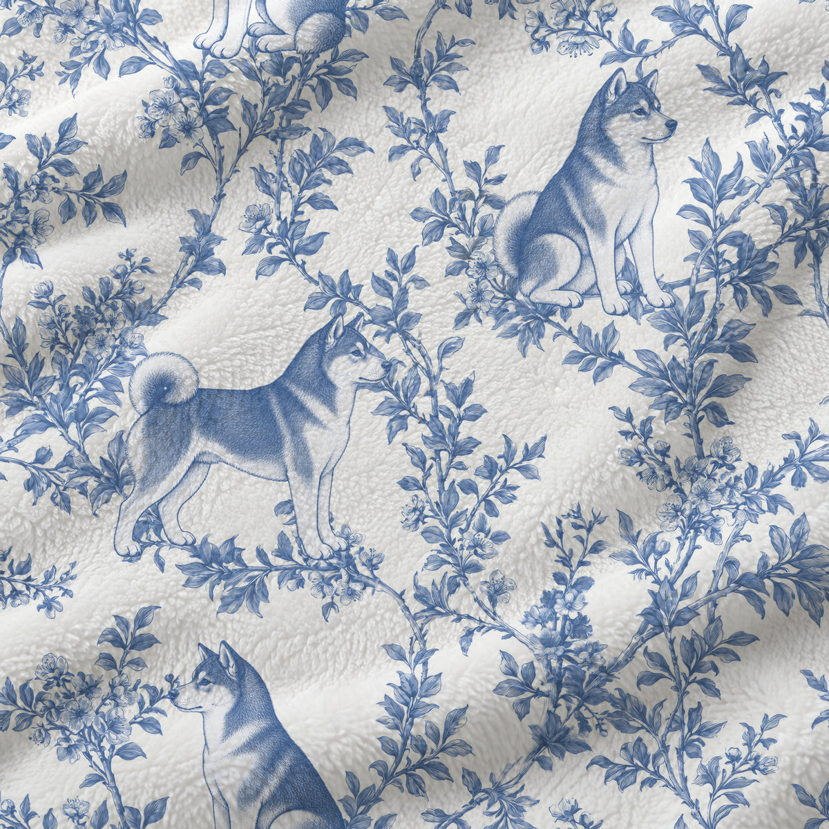 Shiba Inu toile de Jouy blanket - Blue Blanket Fabric Closeup