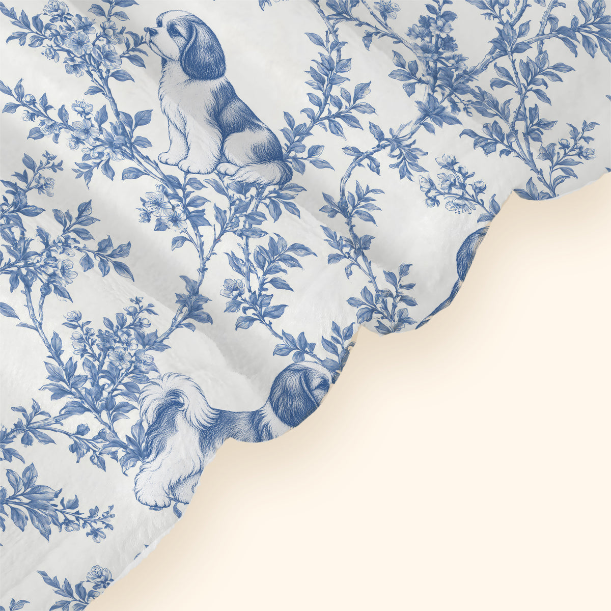 Shih Tzu toile de Jouy blanket - Blue Blanket Hem Closeup
