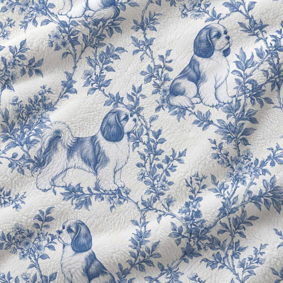 Shih Tzu toile de Jouy blanket - Blue Blanket Fabric Closeup