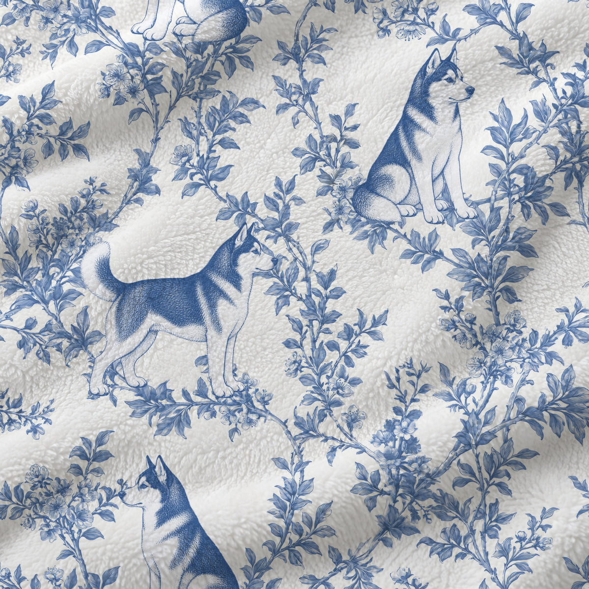 Siberian Husky toile de Jouy blanket - Blue Blanket Fabric Closeup