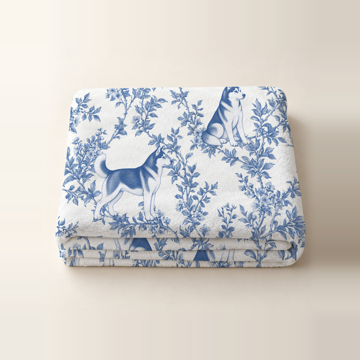 Siberian Husky toile de Jouy blanket - Blue Blanket Folded Studio