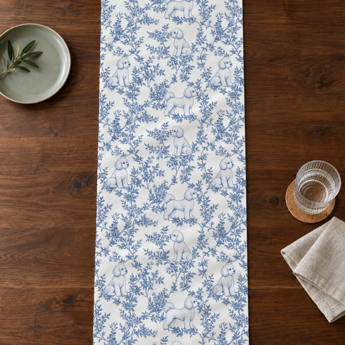 Bichon Frise toile de Jouy table runner mockup