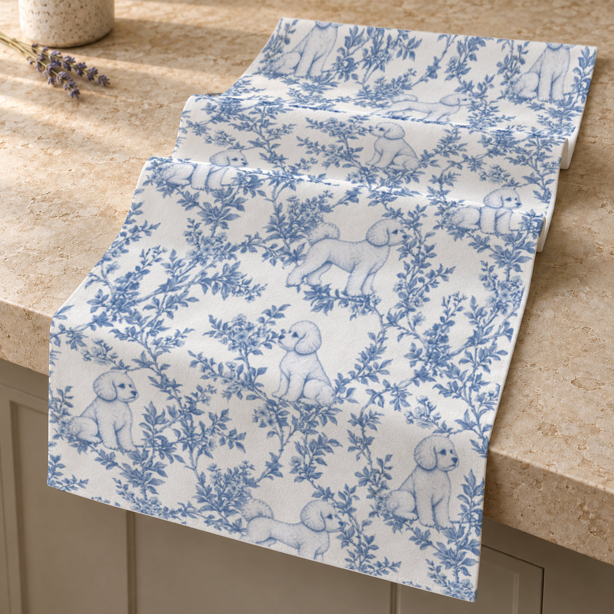 Bichon Frise toile de Jouy table runner mockup