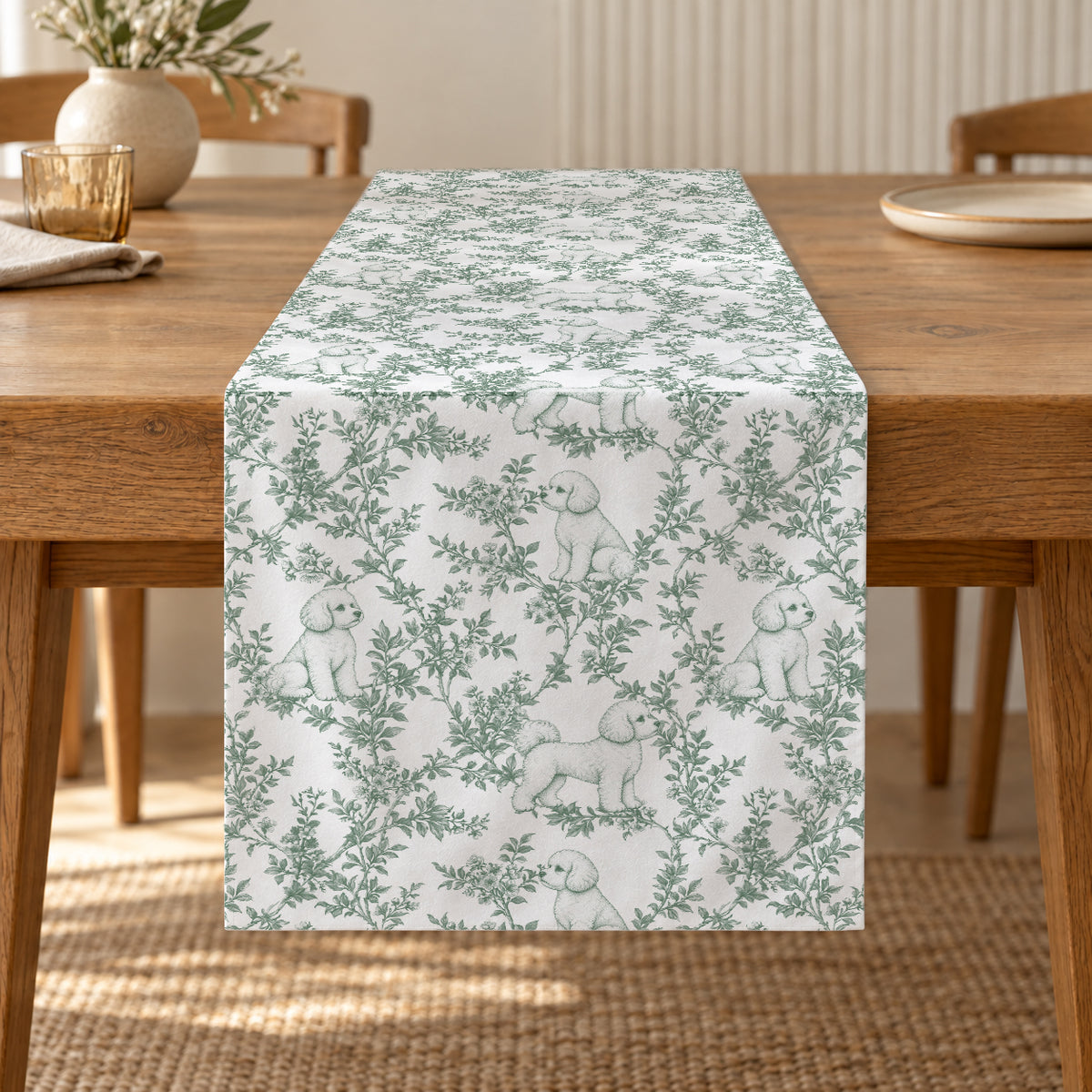 Bichon Frise toile de Jouy table runner mockup