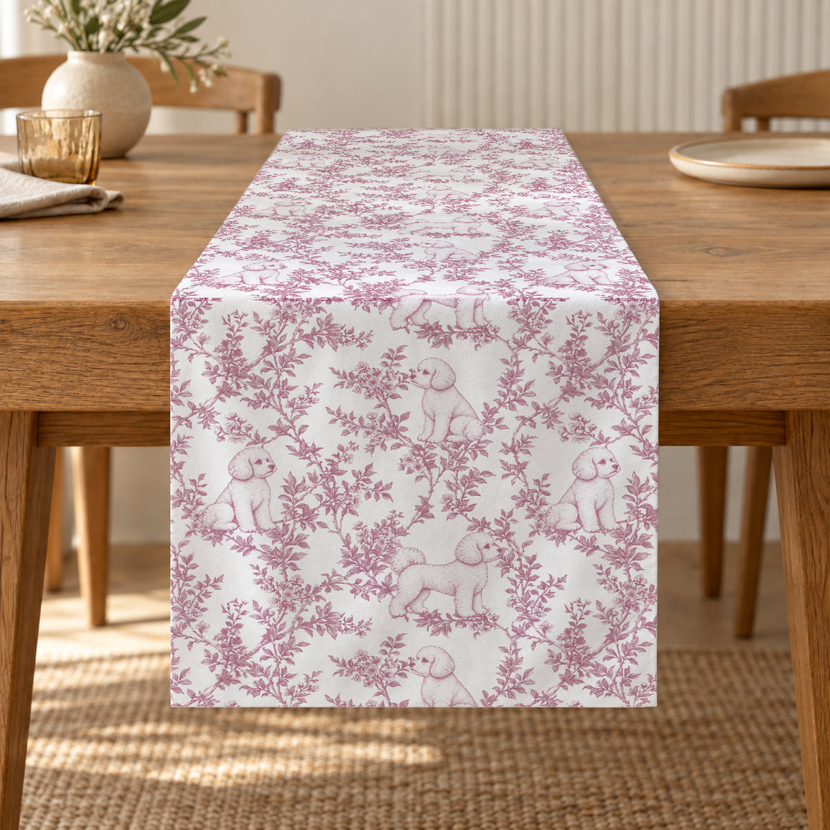 Bichon Frise toile de Jouy table runner mockup
