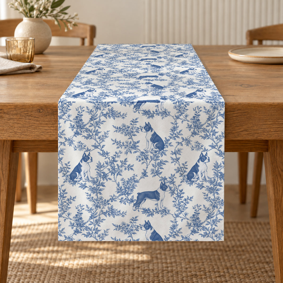 Boston Terrier toile de Jouy table runner mockup