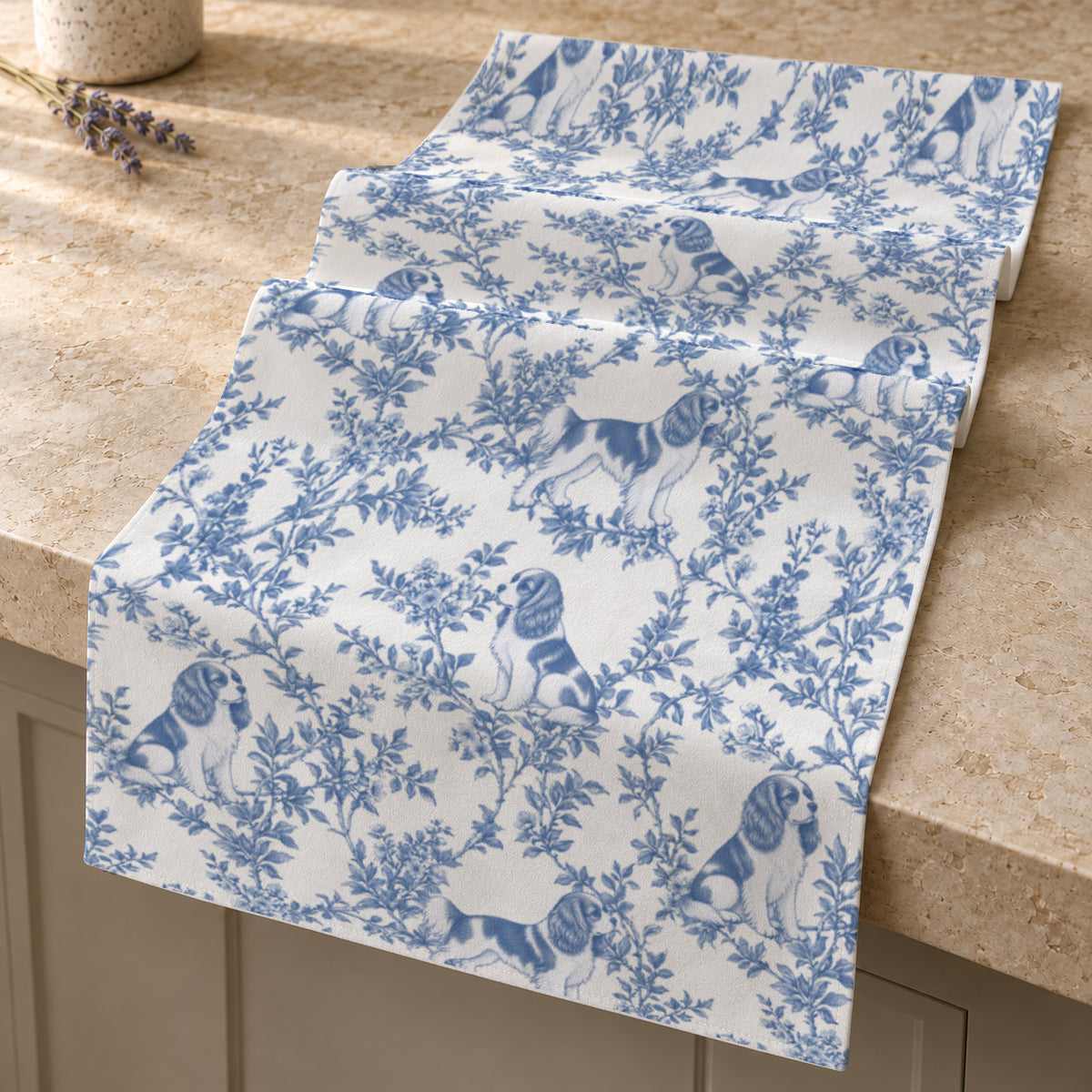 Cavalier King Charles Spaniel toile de Jouy table runner mockup