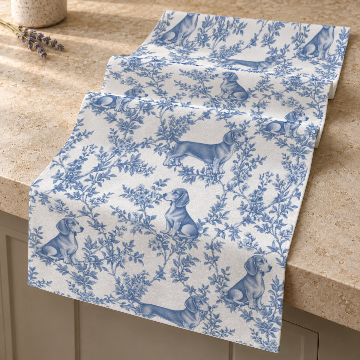 Dachshund toile de Jouy table runner mockup