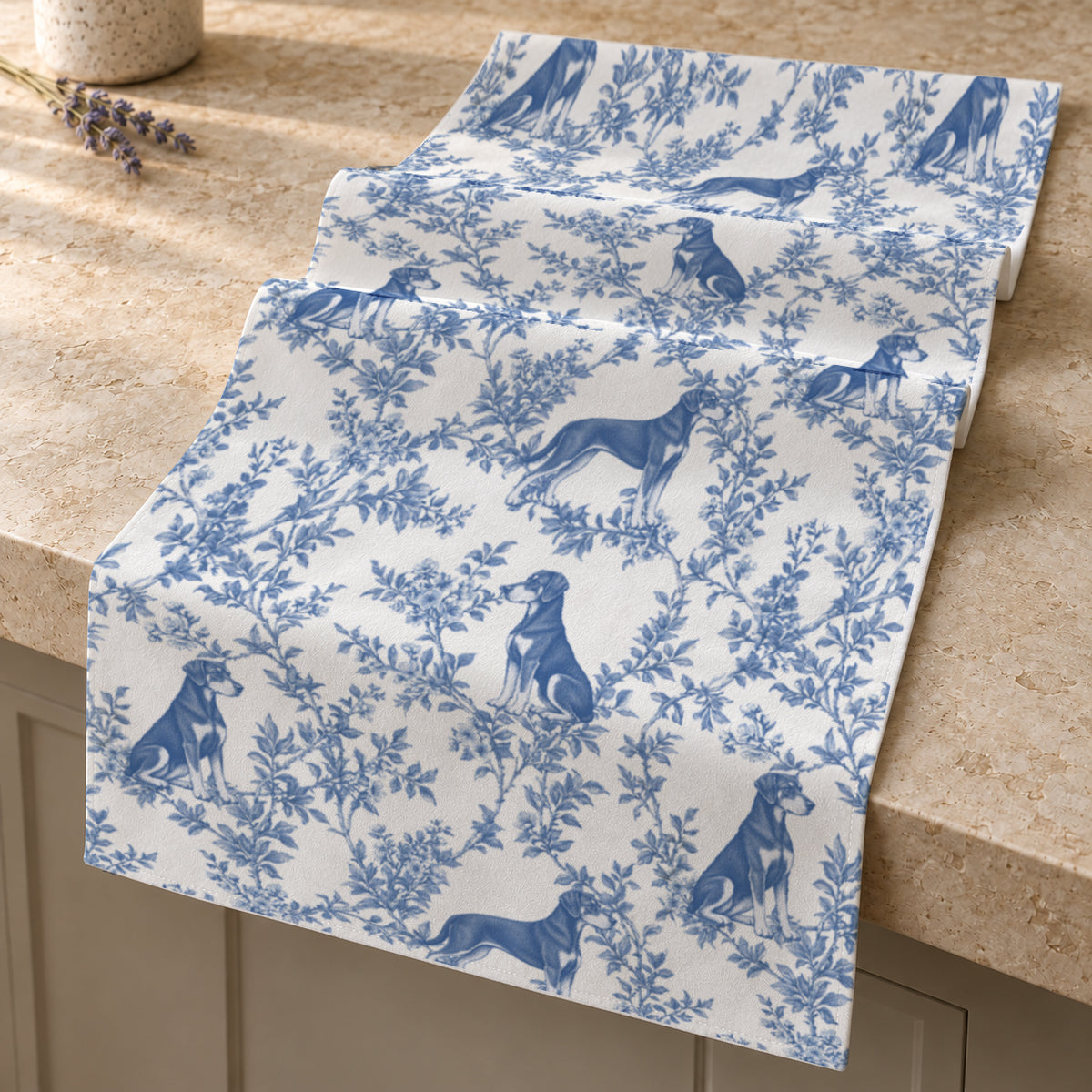 Doberman Pinscher toile de Jouy table runner mockup