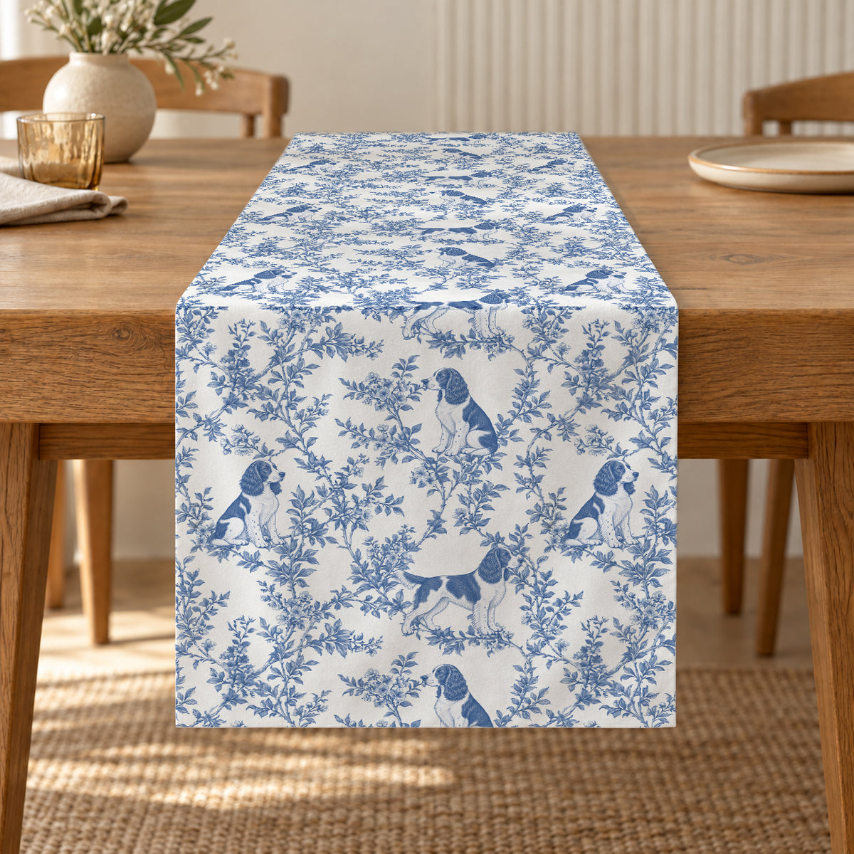 English Springer Spaniel toile de Jouy table runner mockup