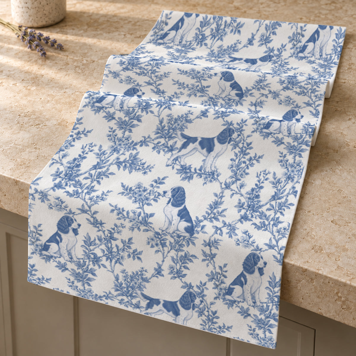 English Springer Spaniel toile de Jouy table runner mockup