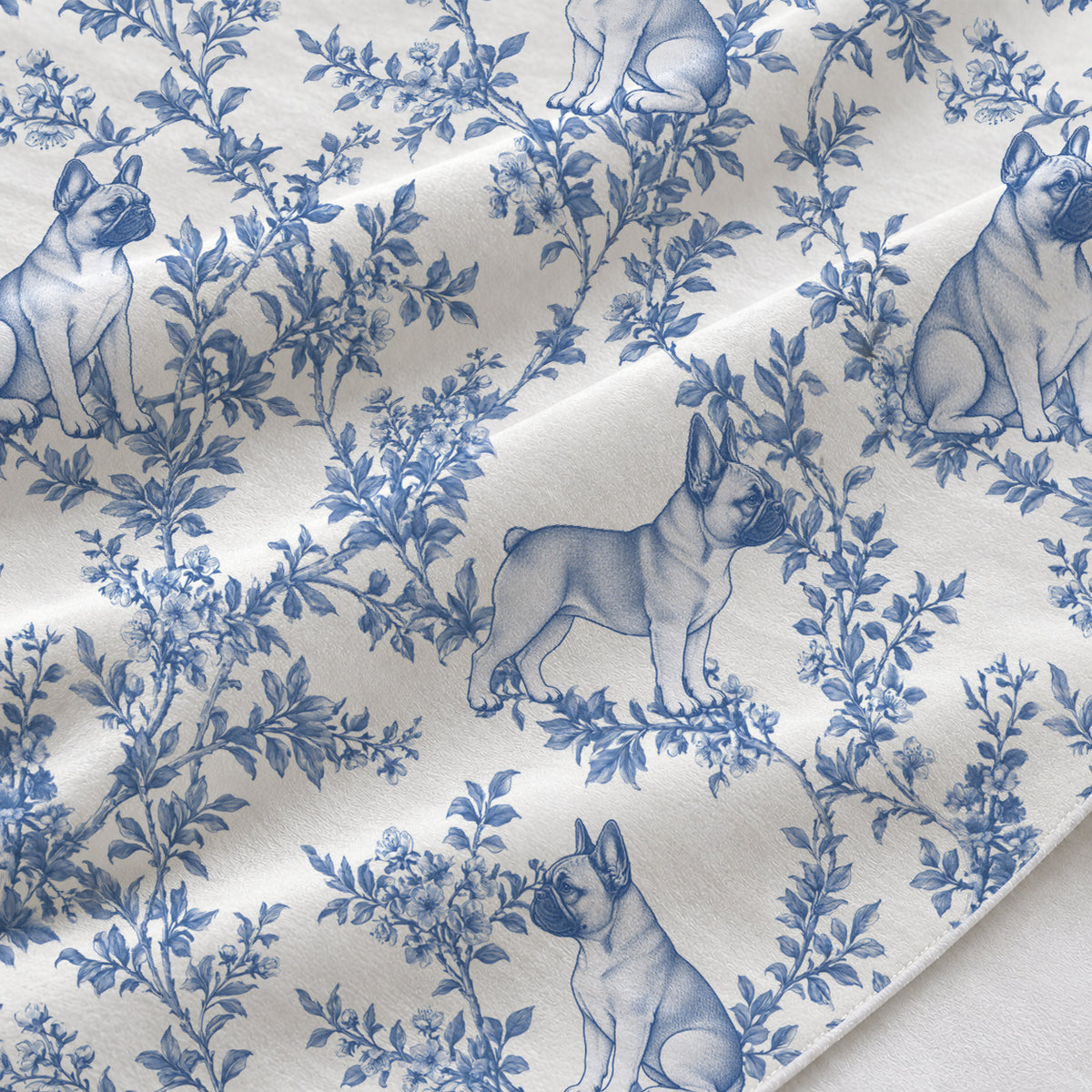 French Bulldog blue toile de Jouy table runner fabric closeup