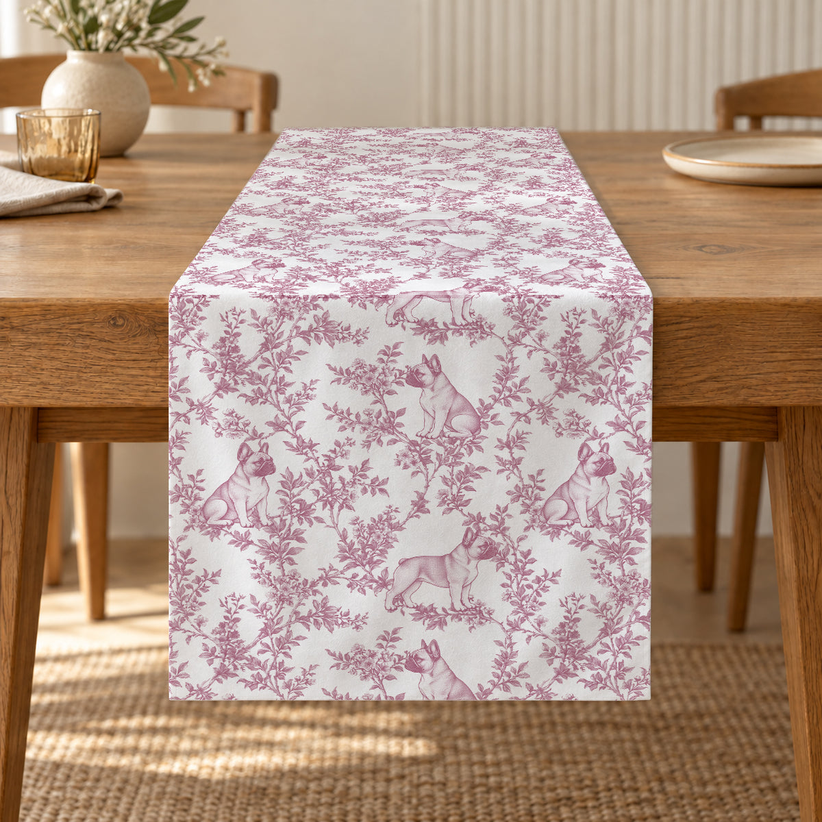 French Bulldog pink toile de Jouy table runner hanging-end mockup
