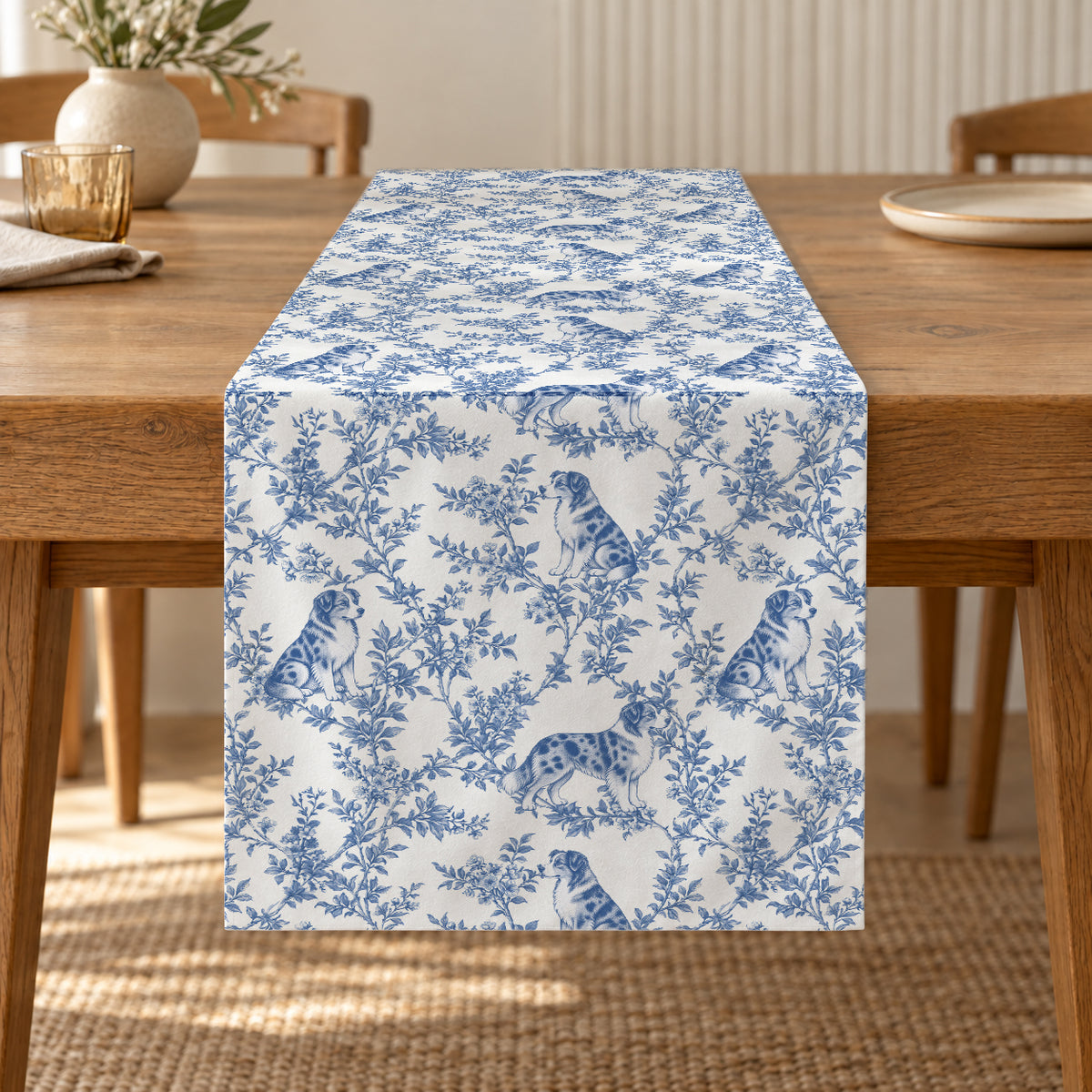 Miniature American Shepherd toile de Jouy table runner mockup