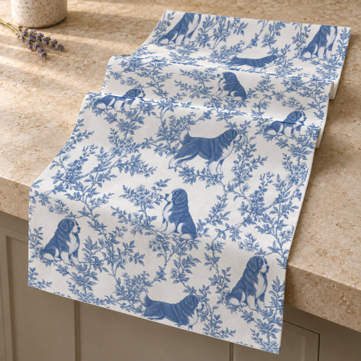 Newfoundland toile de Jouy table runner mockup