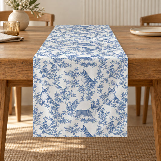 Pembroke Welsh Corgi toile de Jouy table runner mockup