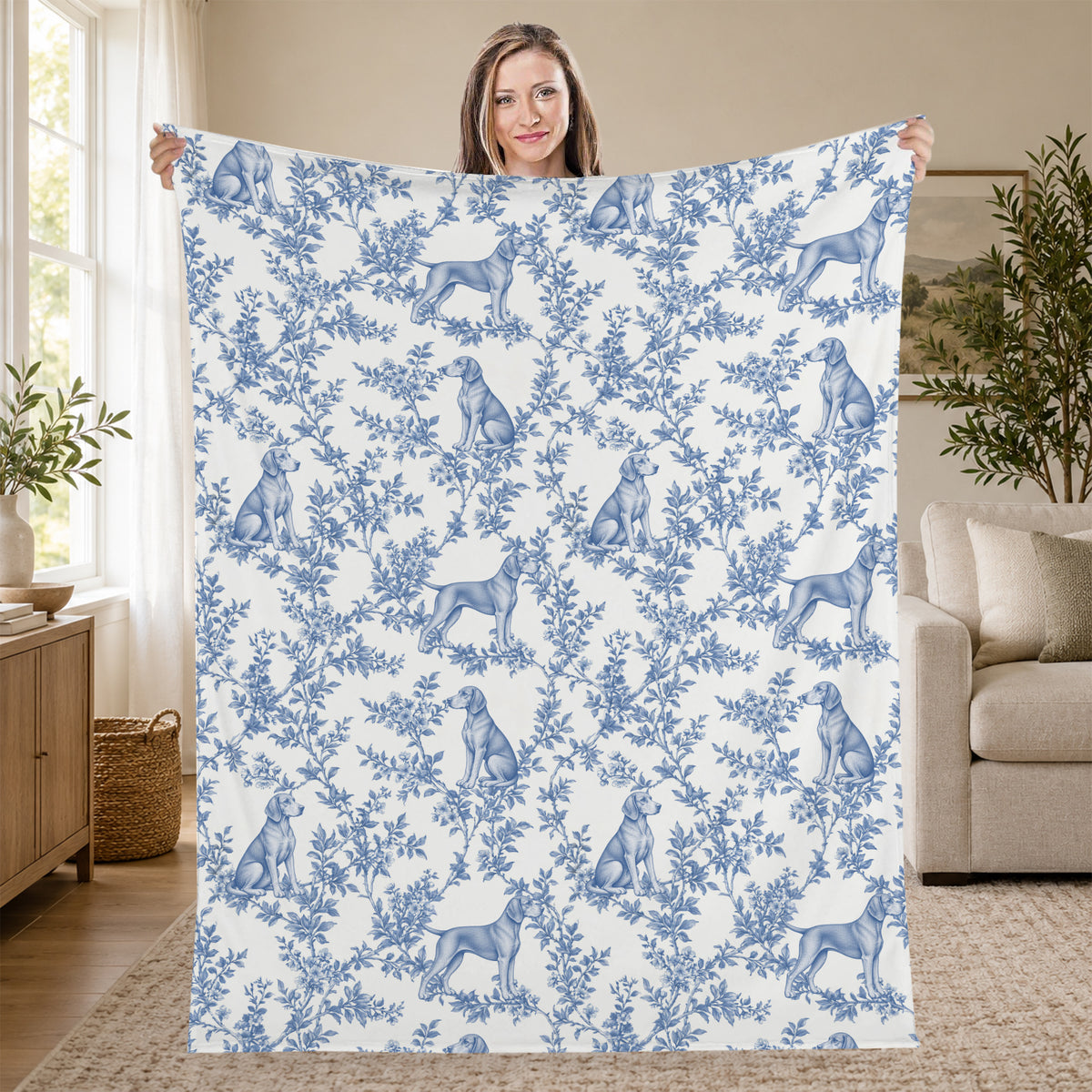Vizsla toile de Jouy blanket - Blue Blanket Held Living Room