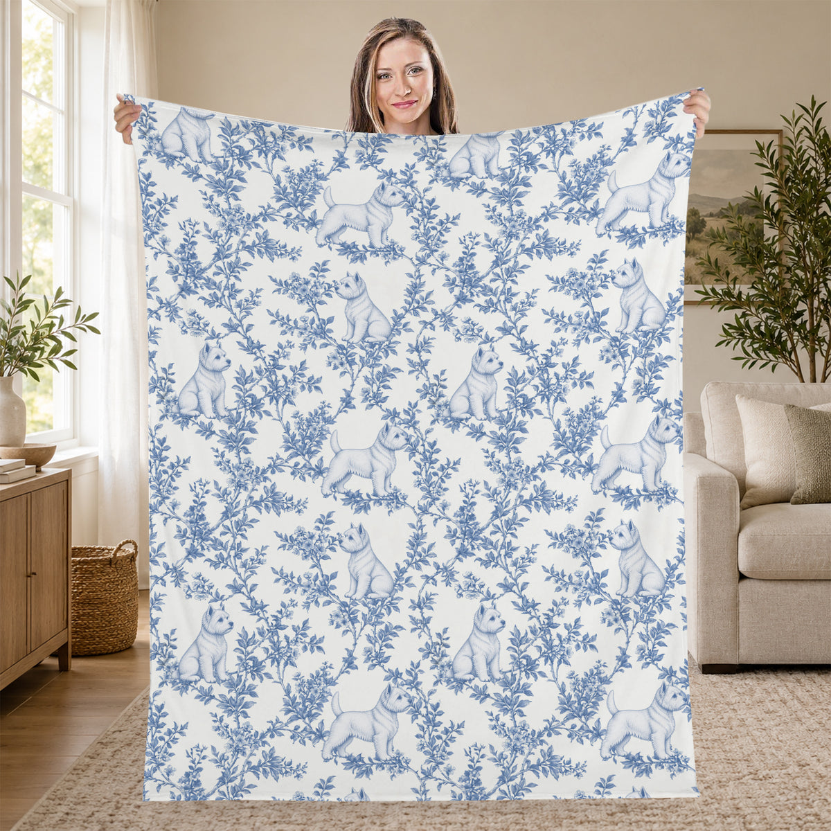 West Highland White Terrier toile de Jouy blanket - Blue Blanket Held Living Room