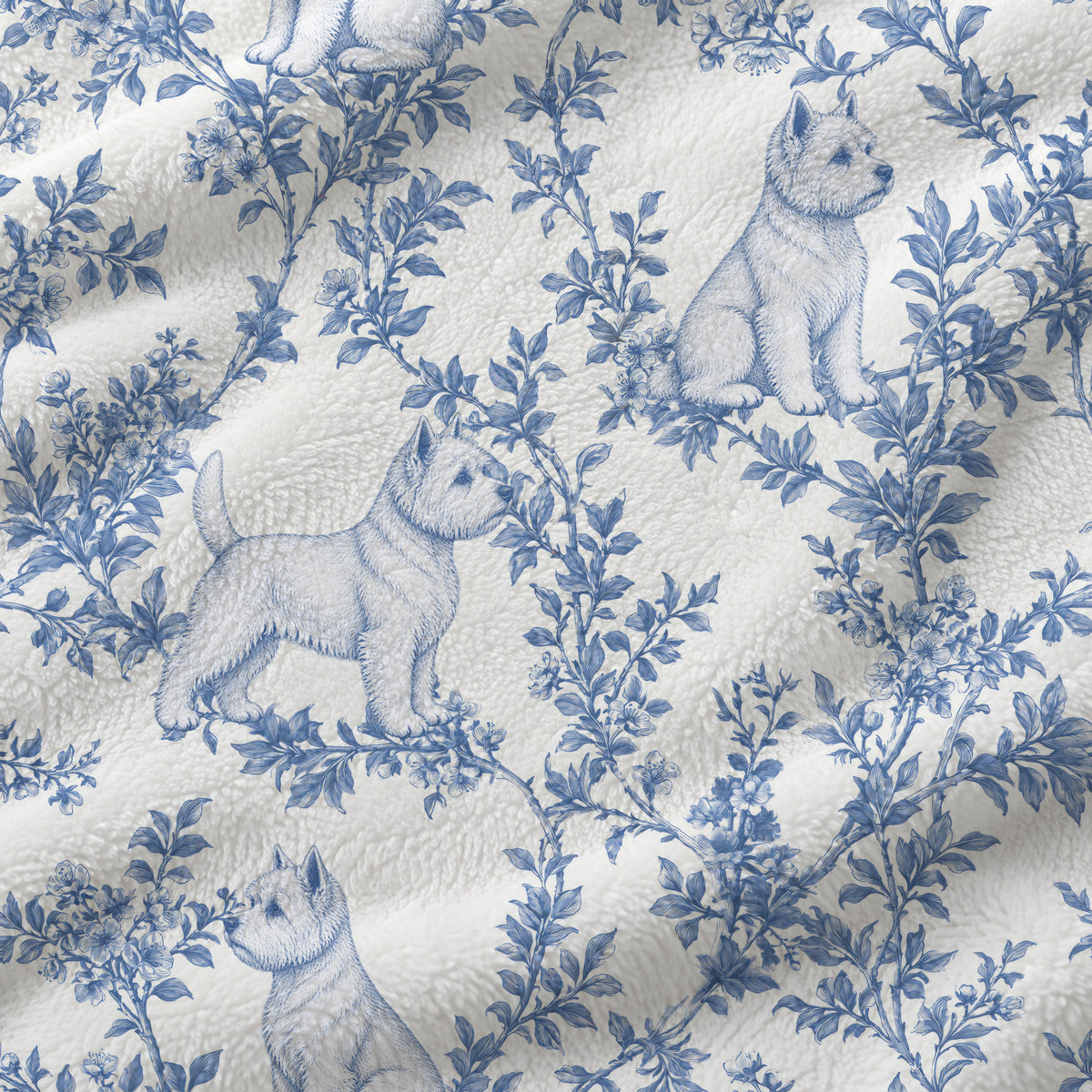 West Highland White Terrier toile de Jouy blanket - Blue Blanket Fabric Closeup