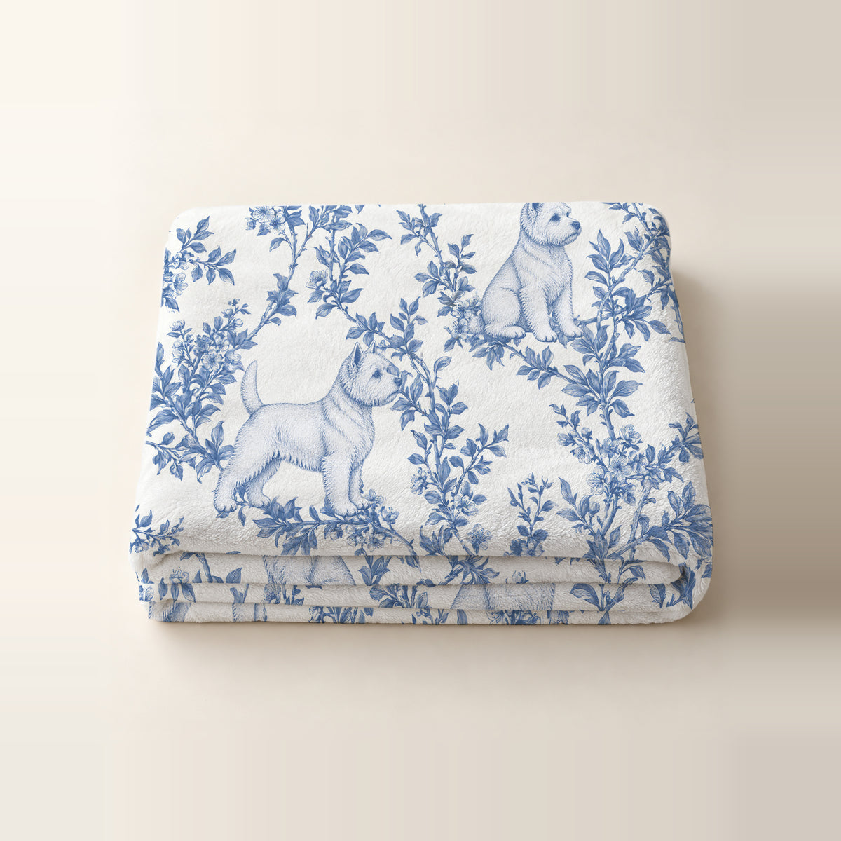 West Highland White Terrier toile de Jouy blanket - Blue Blanket Folded Studio