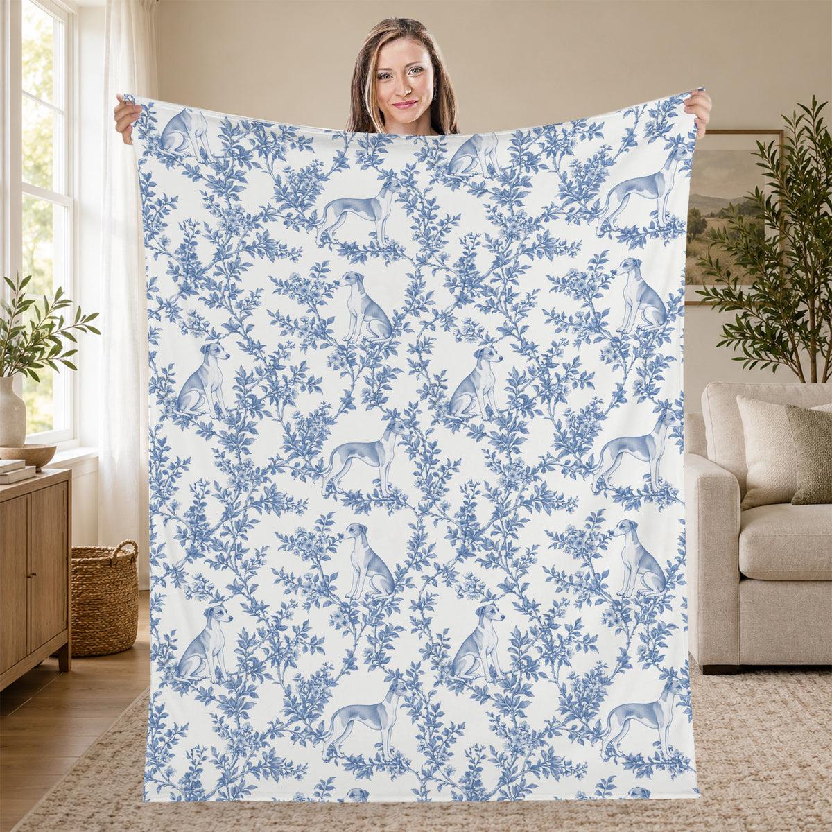 Whippet toile de Jouy blanket - Blue Blanket Held Living Room