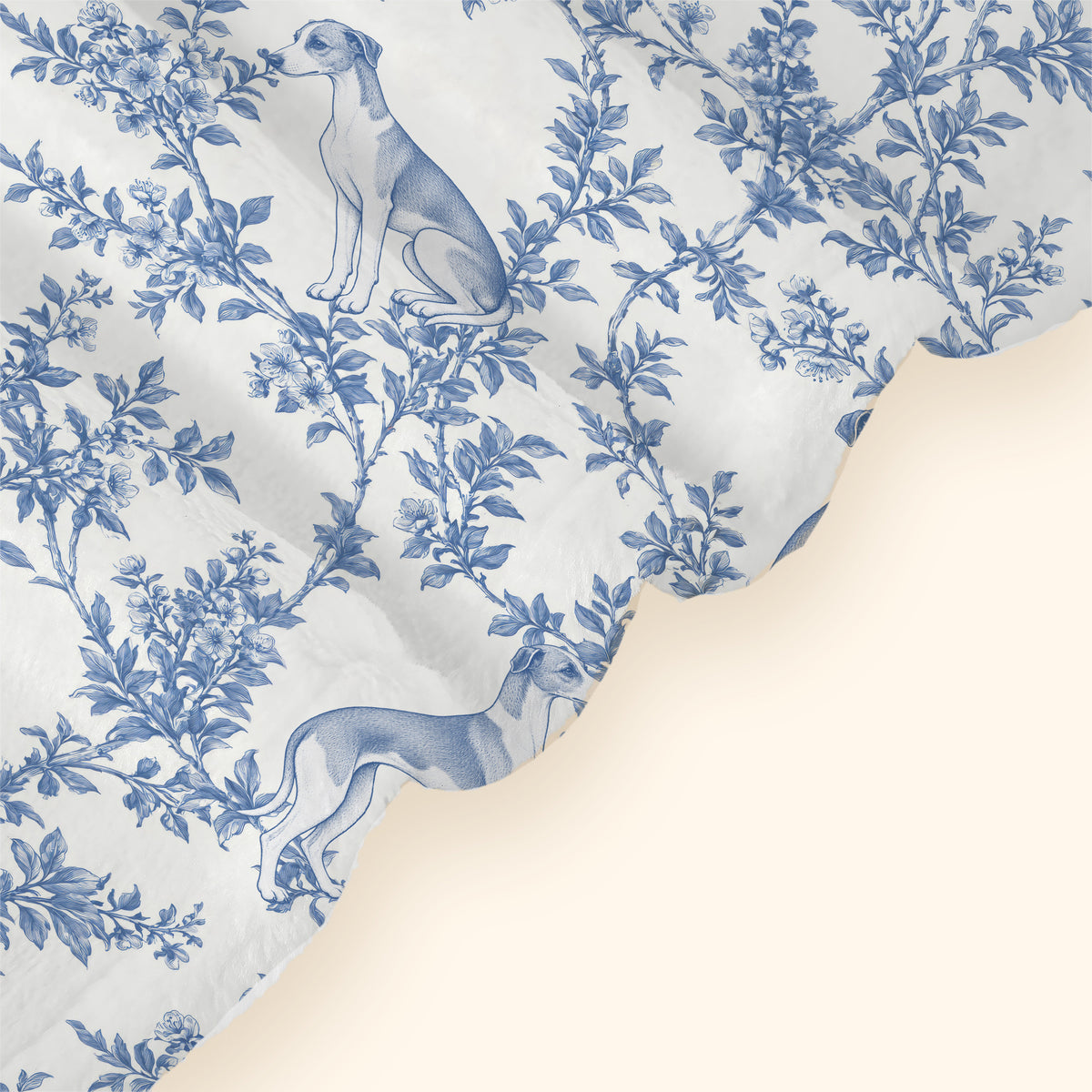Whippet toile de Jouy blanket - Blue Blanket Hem Closeup