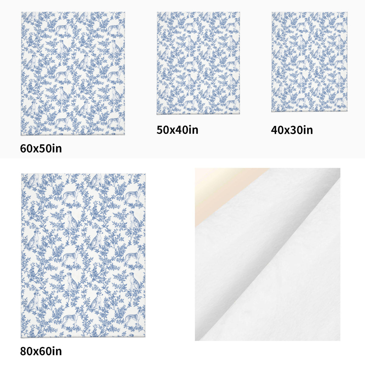 Whippet toile de Jouy blanket - Blue Blanket Size Comparison