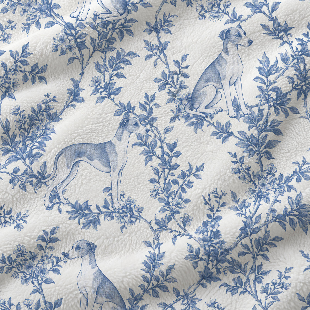 Whippet toile de Jouy blanket - Blue Blanket Fabric Closeup