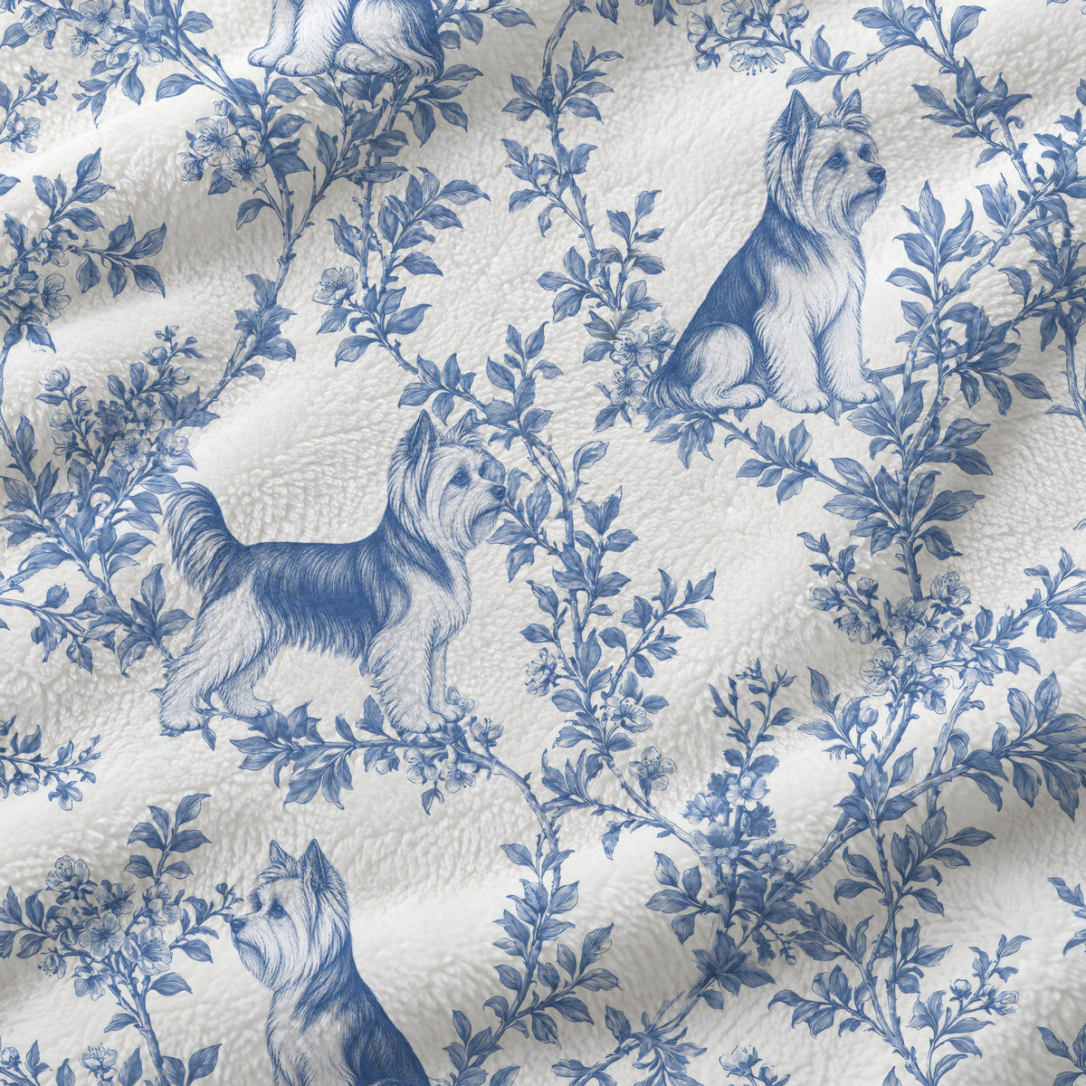Yorkshire Terrier toile de Jouy blanket - Blue Blanket Fabric Closeup